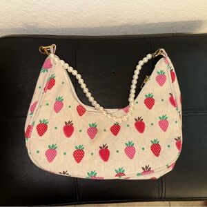 Strawberry Print Women's Bag with Pearl Strap